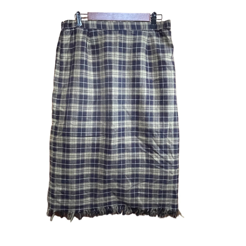 Women's Brownstone STUDIO Petite large Brown Beige Plaid Fringe Skirt